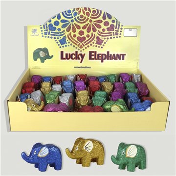 LUCKY ELEPHANT. Elefante madeira com purpurina. 8 cm