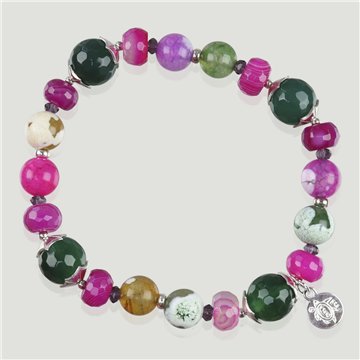 Pulsera AZAHAR Plata. Ágata multicolor y cristal. Bola 10-8mm