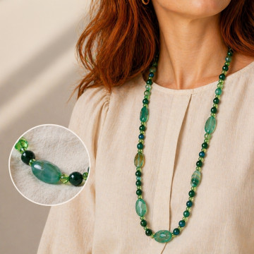 Collier agate verte et cristal taillé. 75cm env.