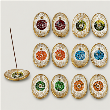 Porta-inciensos de  terracota Oval con bordes dorados 11x8cm colores surtidos