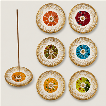 Porta-inciensos de  terracota Oval con bordes dorados 10cm colores surtidos