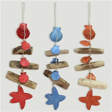 Móvil conchas y tronquitos. Estrella madera. Colores surtidos. 40cm