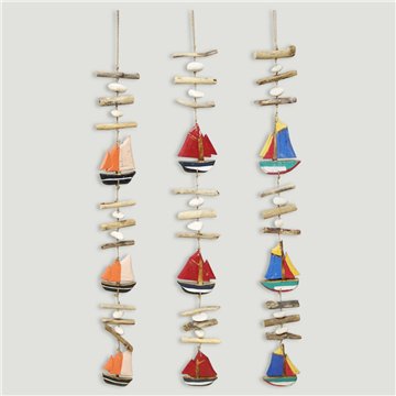 Móvel madeira e toras 3 barcos. Cores sortidas. 80-90cm.