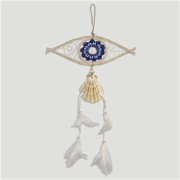 Oeil mobile attrape-rêves 9cm + coque + plume 30x45cm