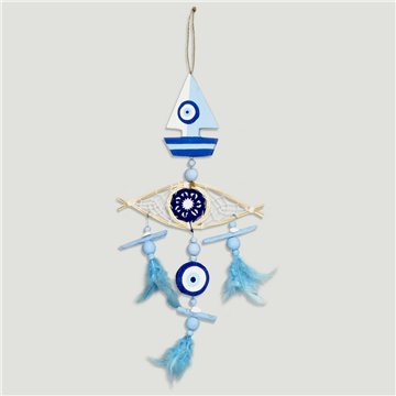 Olho móvel Dreamcatcher 6cm + barco + pena 22x45cm