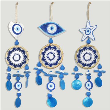 Móvil dreamcatcher- macrame 12cm + figura de madera ojo + capiz 50cm