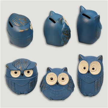 Hucha búho cerámica azul. Modelos surtidos. 10x10cm/8x11cm/10x8,5cm.
