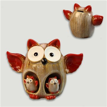 Hucha familia búhos. Cerámica roja. 20x10x15cm.