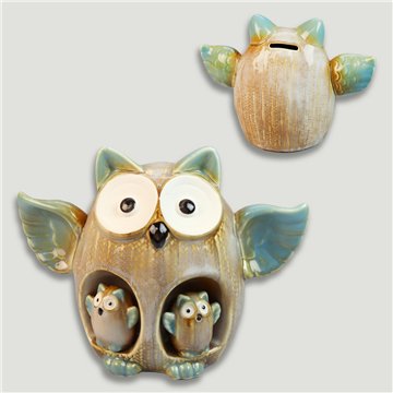 Hucha familia búhos. Cerámica verde. 20x10x15cm.