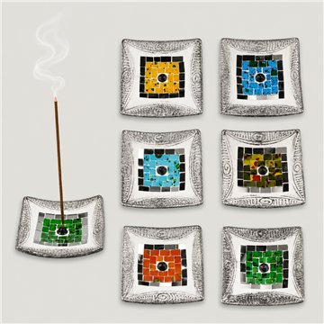Porte encens carré en terre cuite modèle : bord argenté 12cm coloris assortis