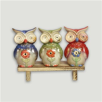 Set 3 bancs en bois de hiboux en céramique. 6x20x13cm