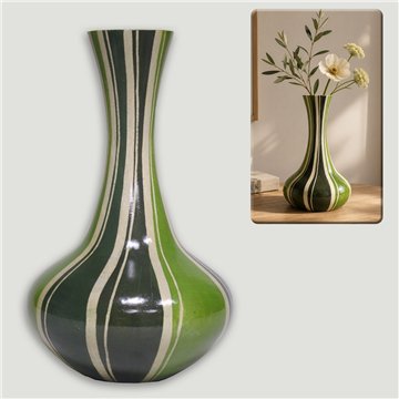Vase en bois. Col long. Rayures vertes. 36cm