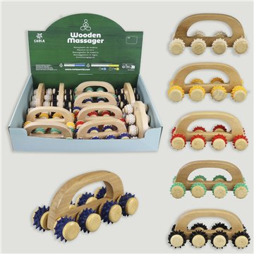 WOODEN MASSAGER. Modelo rodilllo madera + goma. Colores surtidos. 13X6x6cm