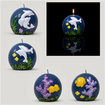 Round candle. Dolphins and fish. 8cm