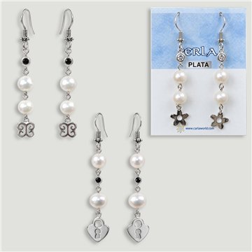 Boucles d’oreilles ARGENT. Perle + cristal + charm. Assorties