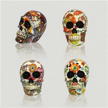 Resin skull. Painted flowers and leaves. Assorted.6x4,5x9cm