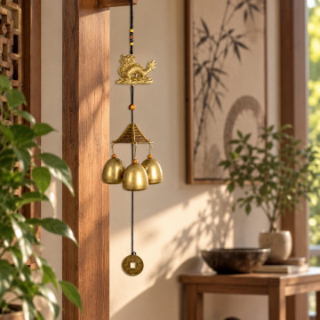Móvil campanas metal. Dragón, Ganesha y flor. 40cm