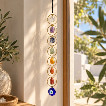 Enfeite de 7 chakras com mau-olhado. Pingentes de argola. 40 cm