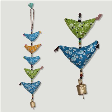 Móvil algodón + campana. 5 pájaros. 35cm