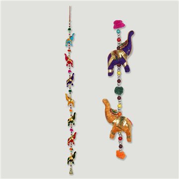 Móvil algodón, terciopelo y dorado + campana. 7 elefantes. 110cm
