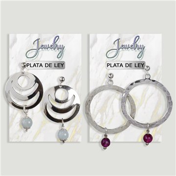 Boucles d’oreilles ARGENT. Cercle + Minéral. Assorties  