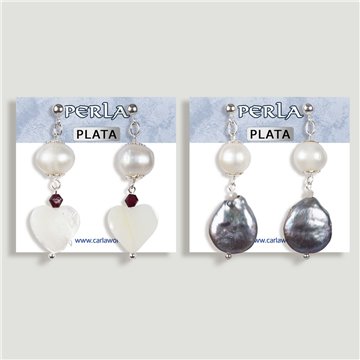 Boucles d’oreilles ARGENT. Perle de nacre + perle grise. Formes assorties