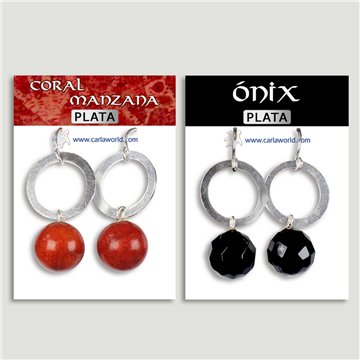 Boucles d’oreilles ARGENT. Cercle + onyx/corail. Boule 12mm