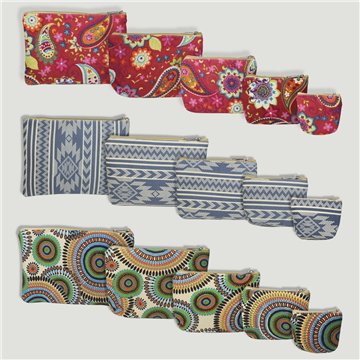 Lot de 5 trousses de toilette en tissu 10/15/20/23/25cm. Assortis
