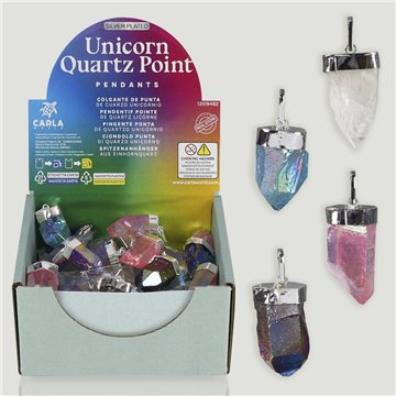 UNICORN QUARZ POINT. Pendente em bruto banhado a prata. Cores sortidas