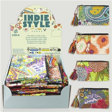INDIE STYLE. Cotton topstitched coin purse. Assorted. 20x12cm