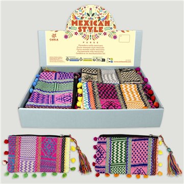 MEXICAN STYLE. Porte-monnaie en coton avec petits pompons. 20x12cm